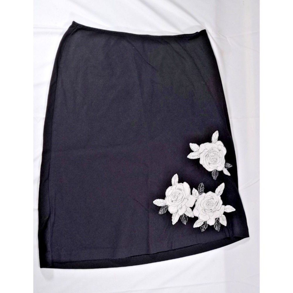 Jones Wear Sport Black Linen Blend Floral Rose Embroidered Midi Skirt Size 10‎